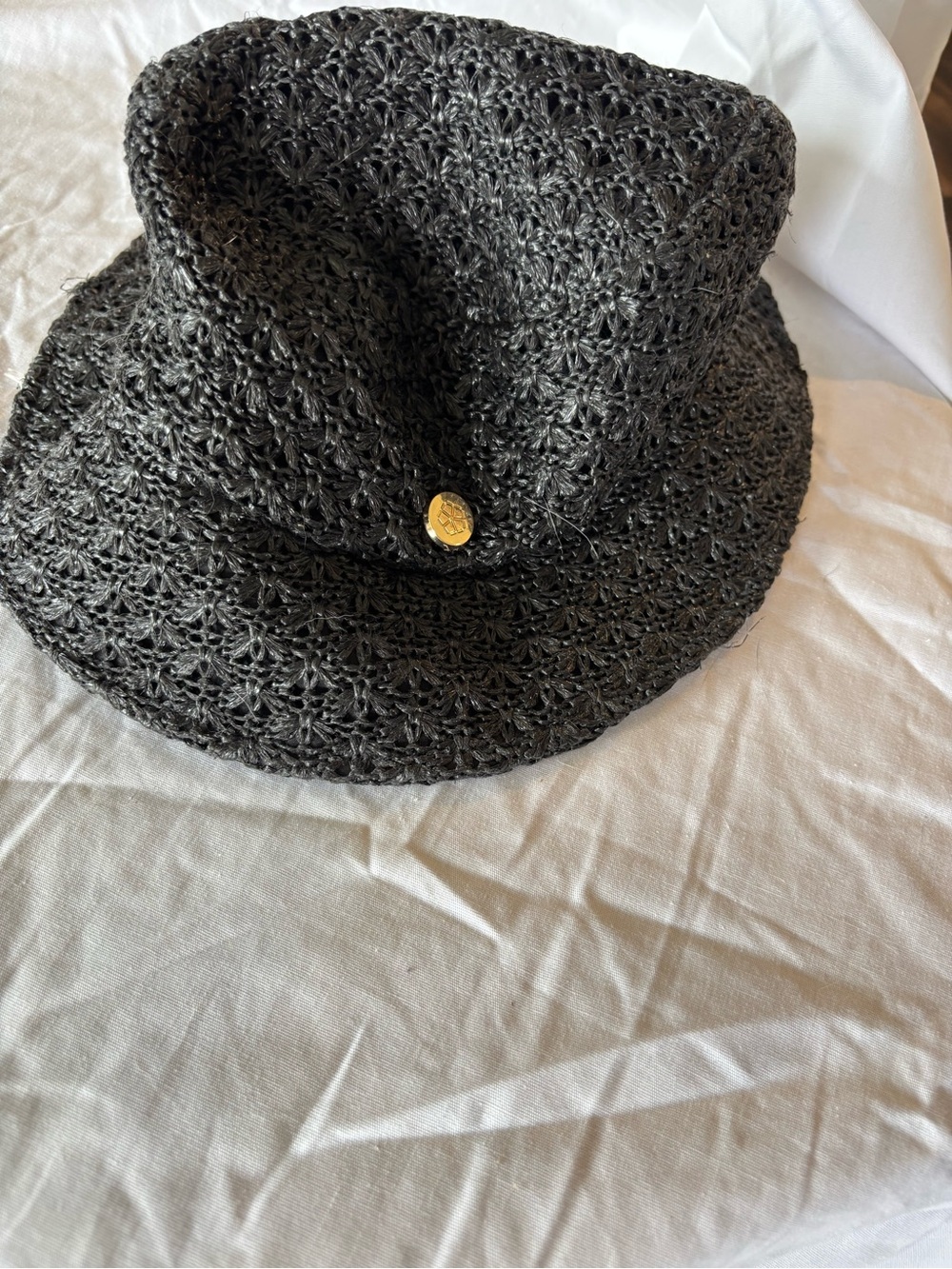 Trina Turk Black Crochet Sun Hat with Gold Button